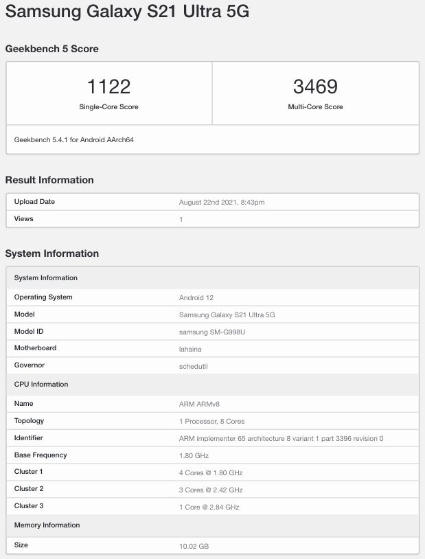 Android 12 Firmware One UI 4.0 Spotted on Samsung Galaxy S21 Ultra | Galaxy-S21-Ultra-Android-12-Geekbench